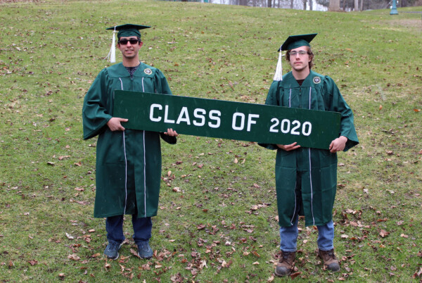 Ranger School graduates Nick Galante and Marshall Bruggeman proudly hold the Class of 2020 sign.