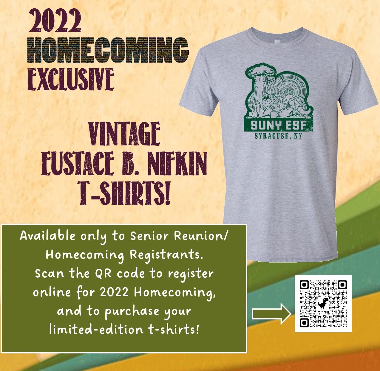 Poster for 2022 homecoming weekend advertising vintage Eustace Nifkin t-shirts