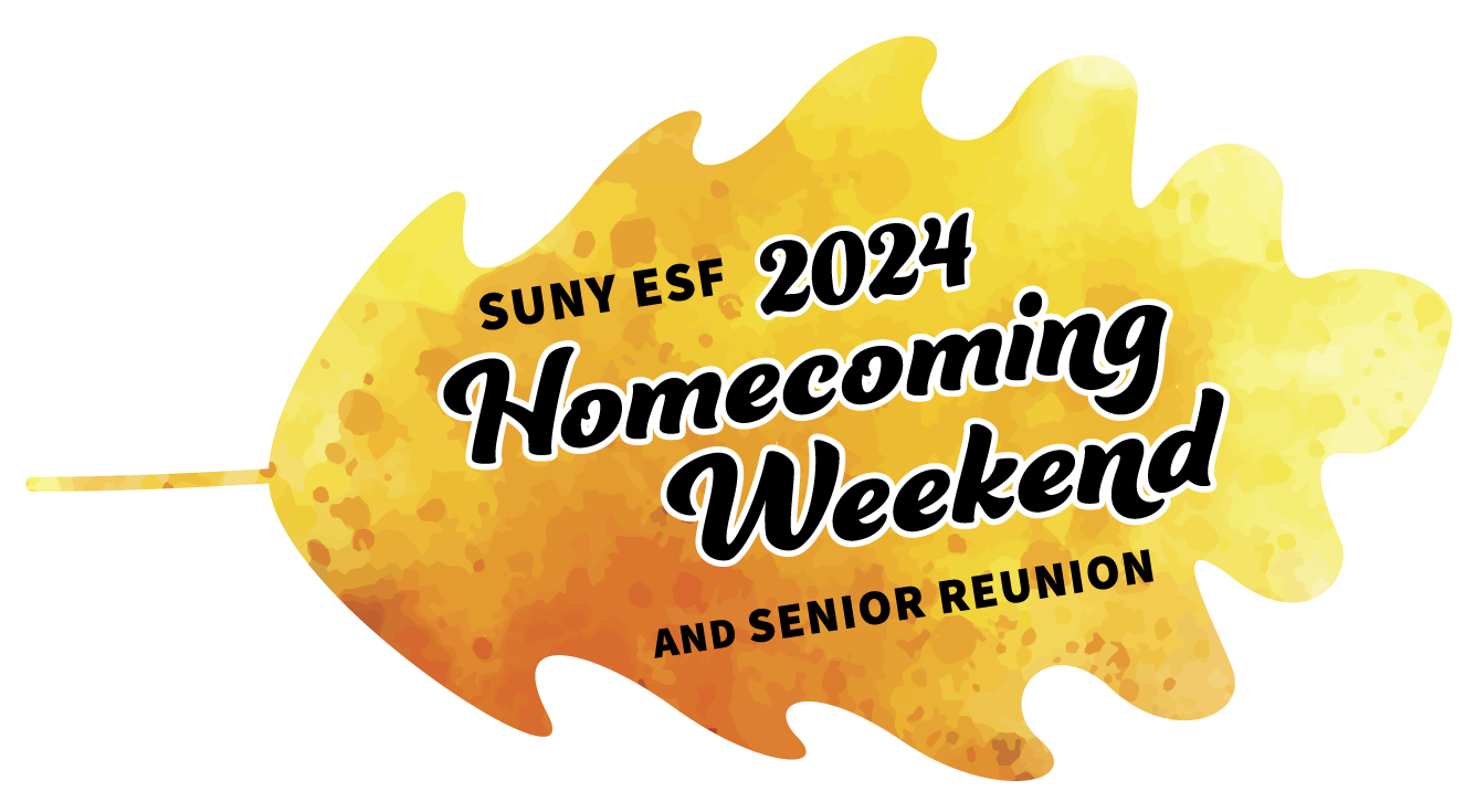 A yellow maple leaf with the message for homecoming. SUNY ESF 2024 Homecoming Weekend and Senior Reunion